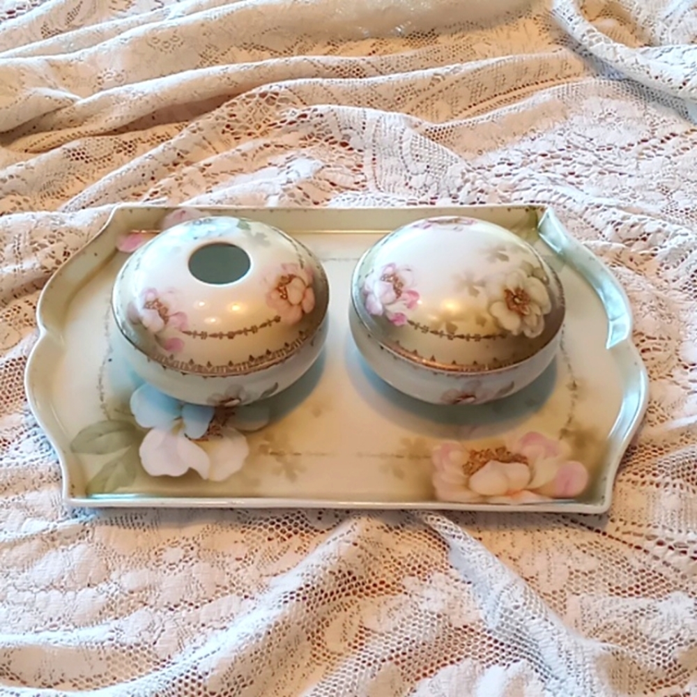 Antique Prov Saxe Porcelain 5 Piece Floral Hand-painted Vanity Set